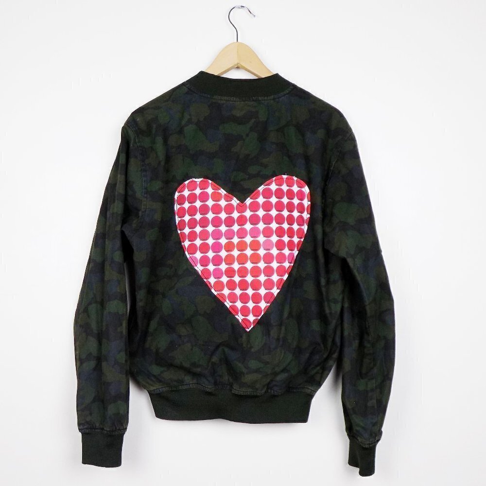 upcycled bomber custom reworked camo zip up with heart patch